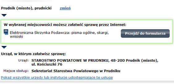 Zrzut ekranu przedstawiający odnajdowywanie Staorstwa Powiatowego w Prudniku w bazie urzędów województwa