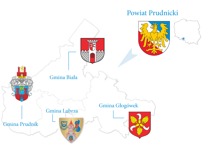 Mapa prezentująca podział Powiatu Prudnickiego na poszczególne gminy oraz położenie powiatu na mapie Polski